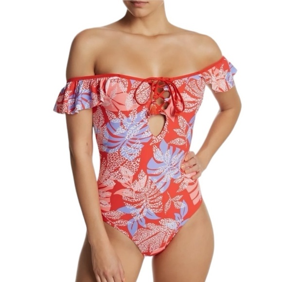 New! Red Carter Lace-Up Ruffle Off-the-Shoulder One-Piece Swim - Picture 1 of 7